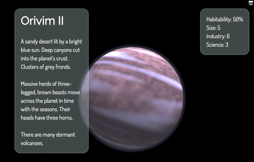 A spherical world with white and pinkish clouds, including a short description of the planet and its vital stats (habitability, size, industry, etc.) Created using a random planet generator.