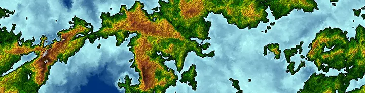 A fractal world map. Land masses are green and orange; water is blue.