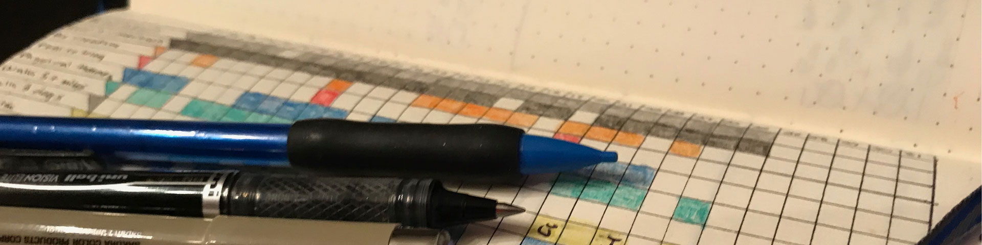 Three pens sitting on a grid-style bullet journal notebook. The colored squares of a habit tracker appear in the background.