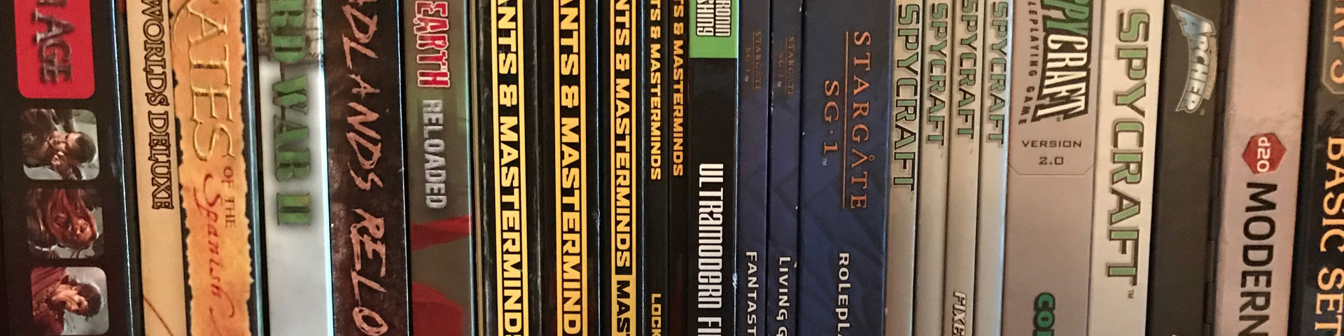 The spines of a dozen or so RPG books.