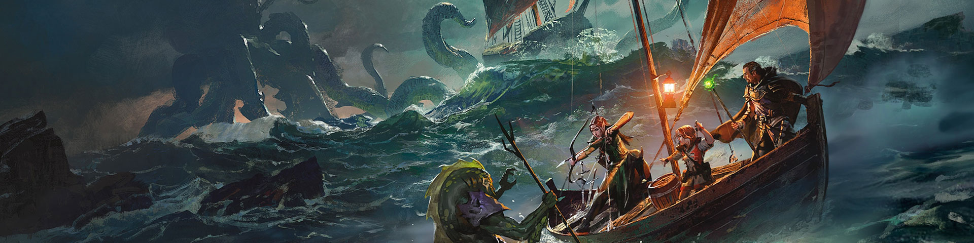 Adventurers battle an aquatic humanoid while a giant octopus attacks a sailing ship in the background.