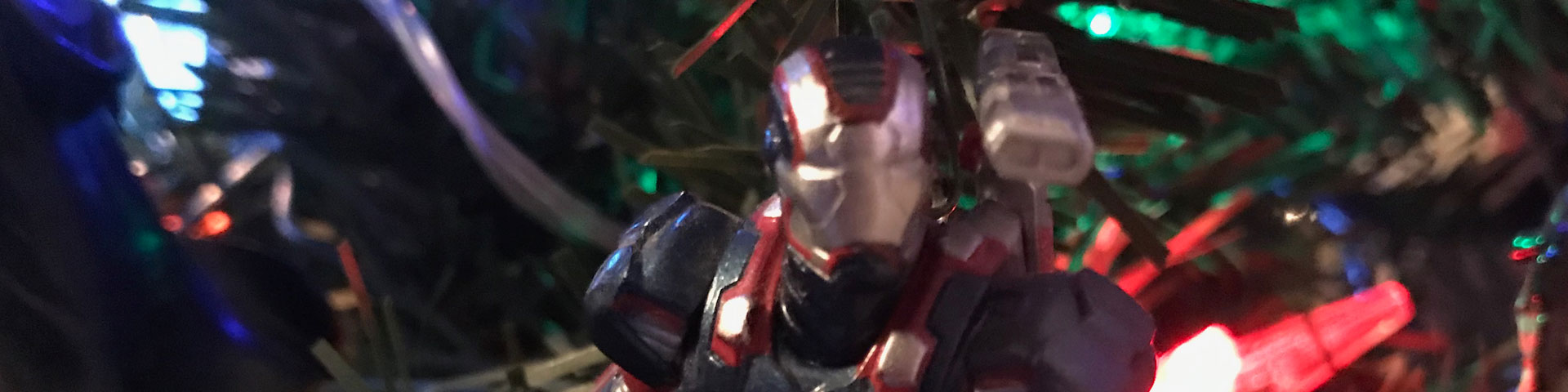 A close up view of the red, white, and blue Iron Man armor.
