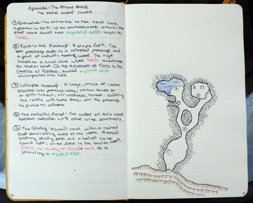 A location write-up. An adventure key appears on the left; a hand-drawn cave complex map appears on the right.