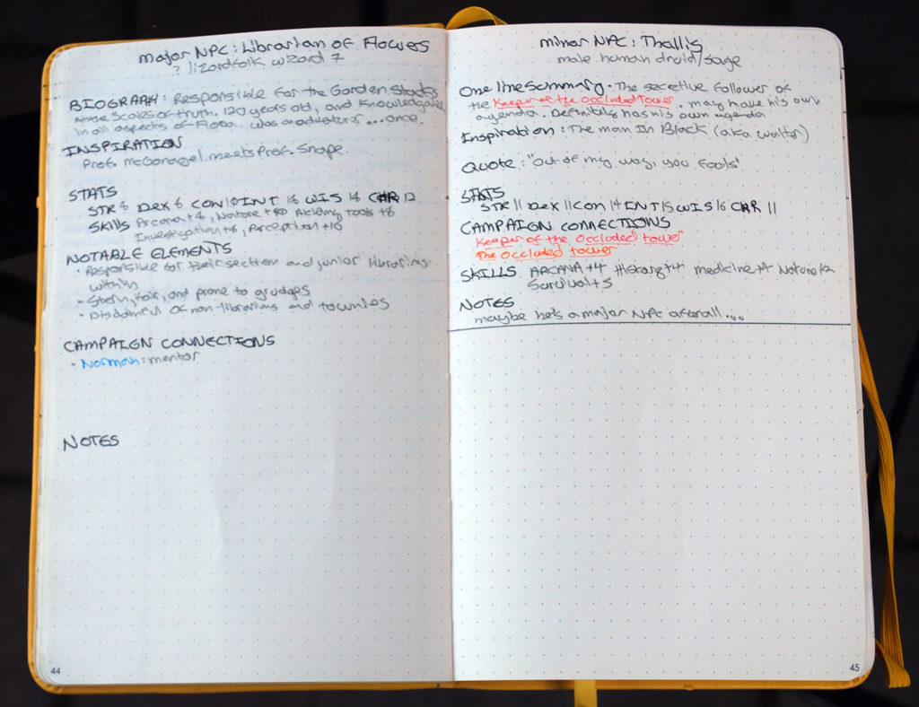 An NPC spread. The major NPC takes up a full page on the left; the minor NPC takes up a half-page on the right.