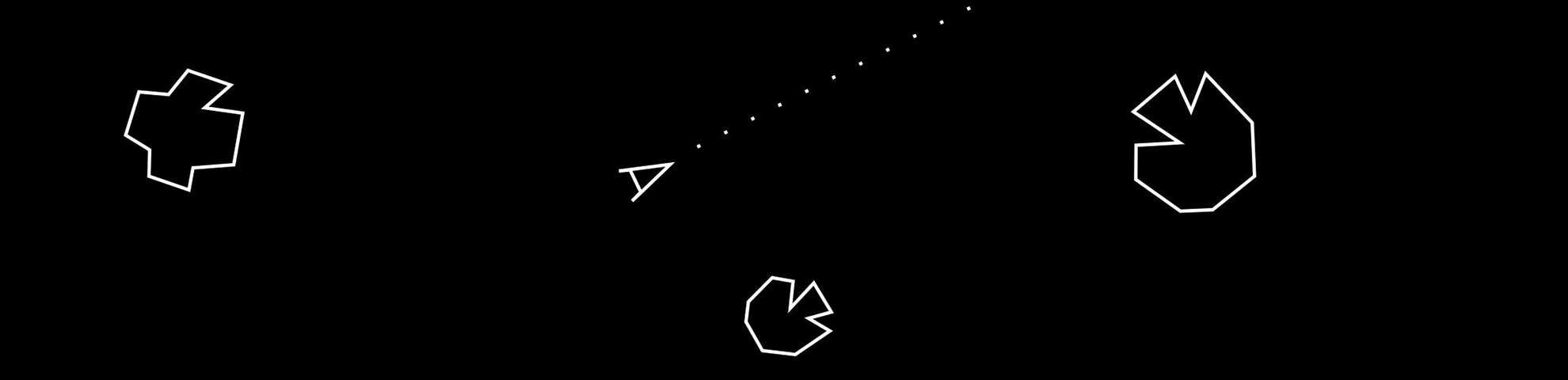 The white, dagger-like outline of a space ship floats on a black void. White outlines of asteroids drift nearby.