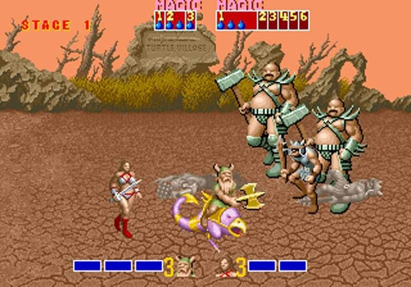 A female human wielding a sword, and a male dwarf riding a beaked-beast fight hammer-wielding giants in Golden Axe