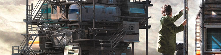 A male teenager climbs up the side of a stack of mobile homes, looking off into the distance, where he sees a dystopian skyline. Cover art from the novel version of Ready Player One