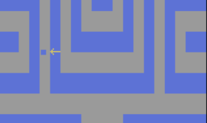 A blue dot with a sword moves through a blue and gray maze.