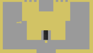A yellow square stands at the black gate of a large, blocky yellow castle.