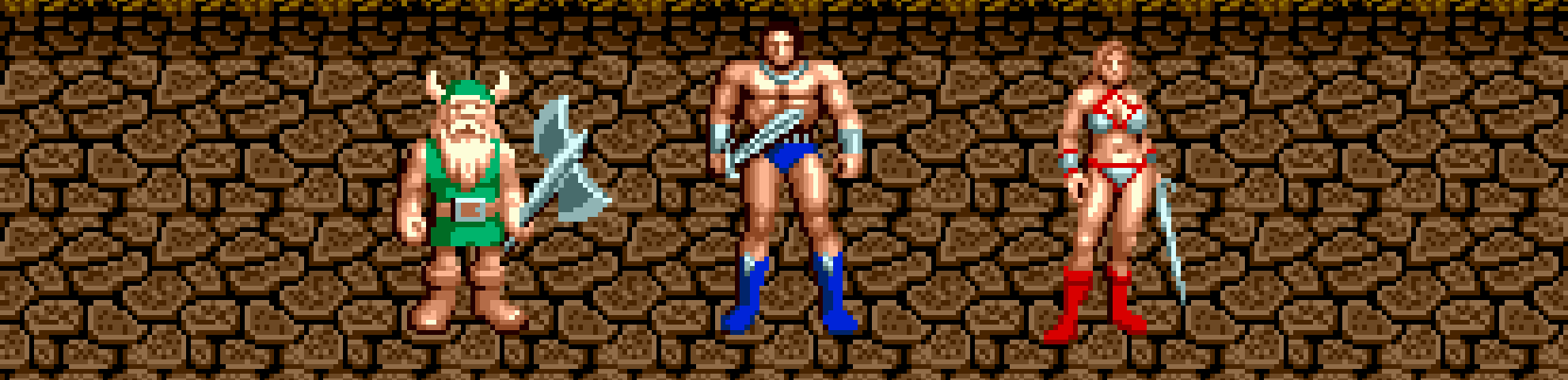 The heroes of Golden Axe: A battle axe wielding dwarf, a great sword using male human, and a long sword-using female human. They stand against a brown tiled background.