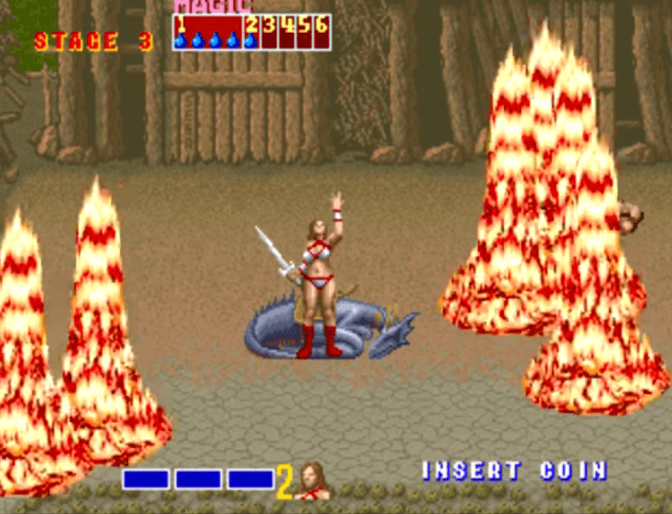 A female warrior summons pillars of flame to damage enemies.