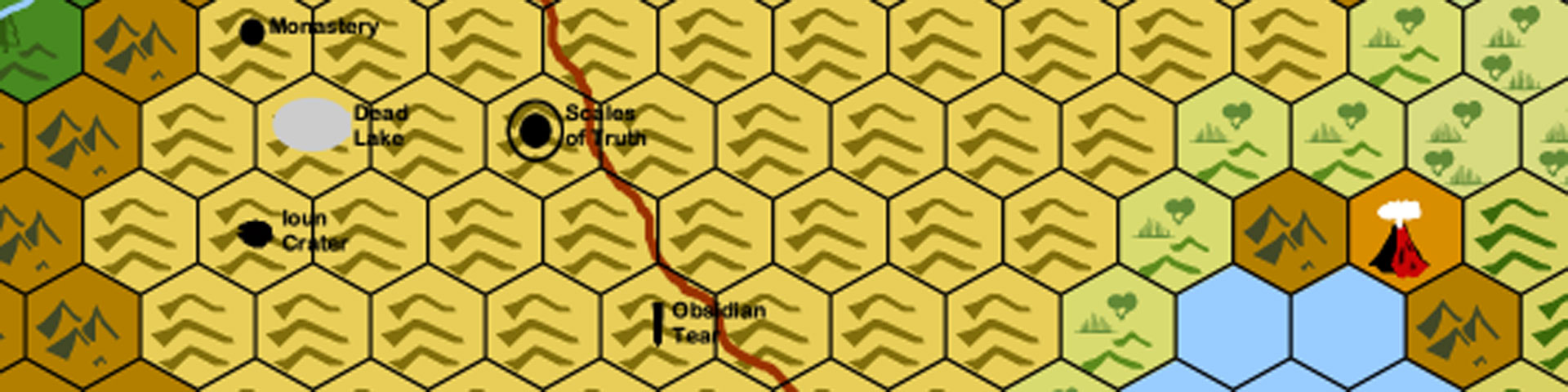 An example of a hexcrawl map, featuring beige hills, grasslands, a large lake, and a volcano.