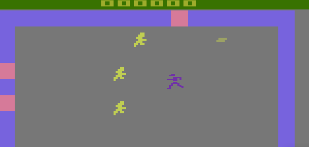 A purple figure runs across a grey background. 3 yellow figures move towards it. There is a purple border with ping doors around the outer ede.