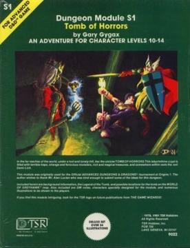 A lich readies a spell to cast at two frightened adventurers on the cover of the Tomb of Horrors module.