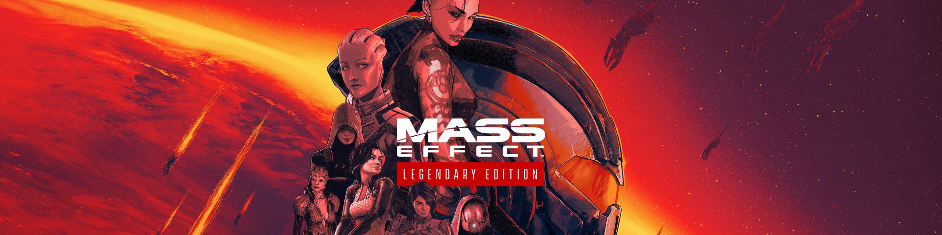 A number of female characters from mass affect appear against a red background
