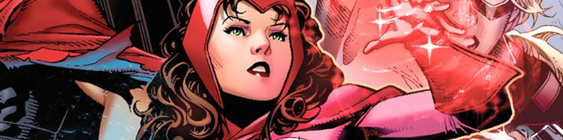 A close-up view of the Scarlet Witch, dressed in her signature red wardrobe.