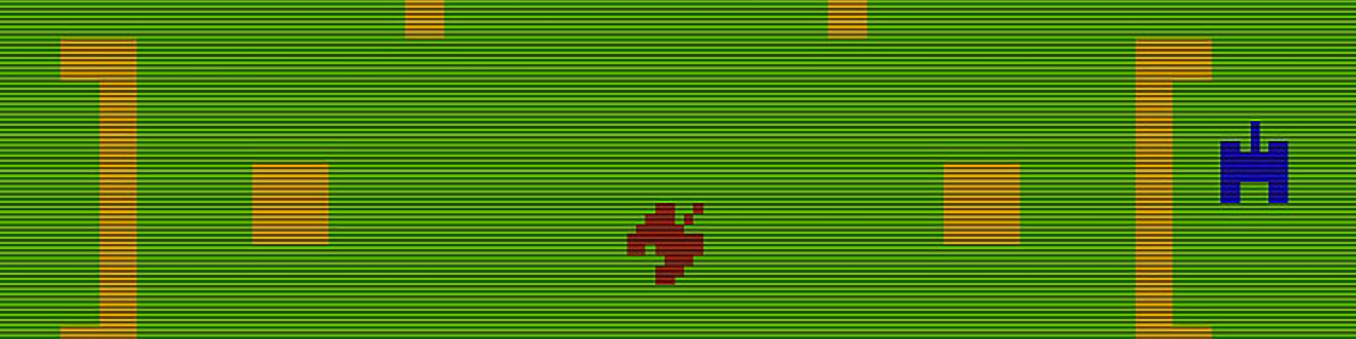 A 8-bit red tank faces off against a blue tank on a green battle field. Yellow barriers divide them.