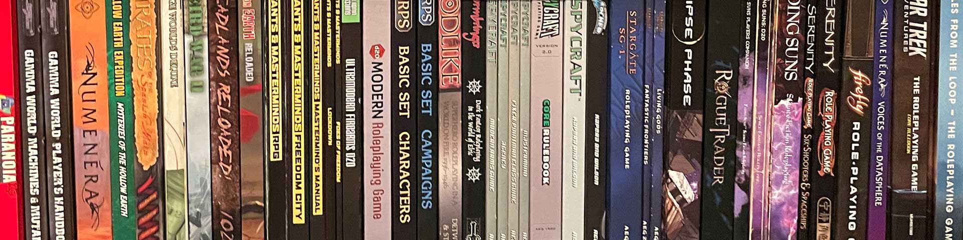 A collection of RPG books on a bookshelf.