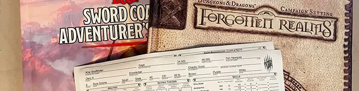 A character sheet sits atop two D&D soucebooks for the forgotten realms