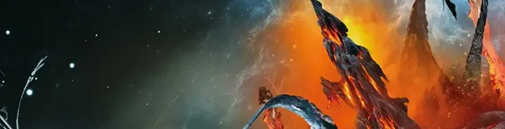 Glowing red tendrils of matter erupt into space