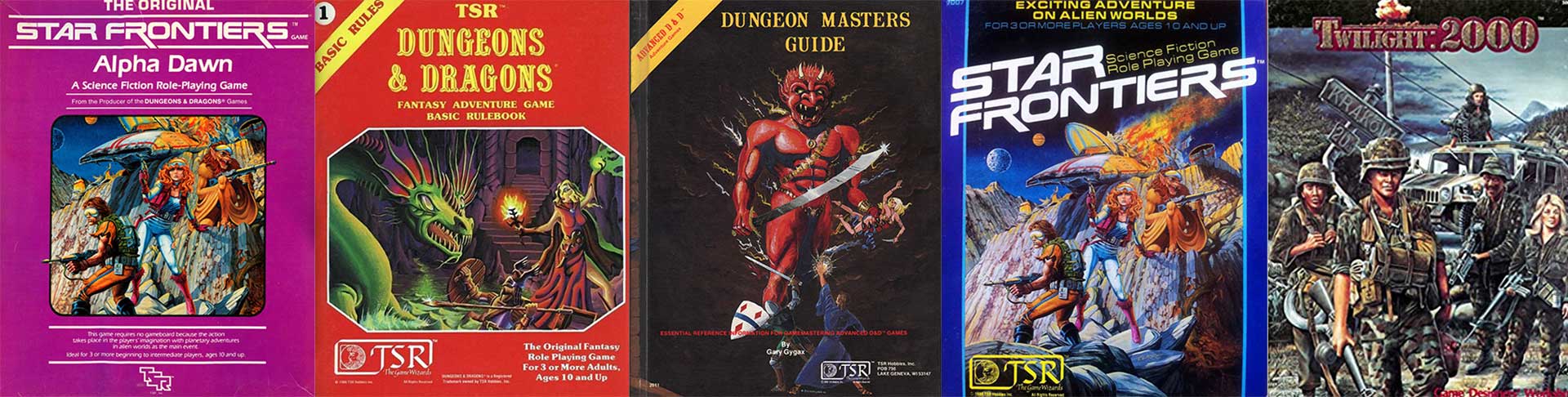 Cover art for: Star Frontiers Alpha Dawn, D&D Basic Set, Dungeon Masters Guide 1E, Original Star Frontiers