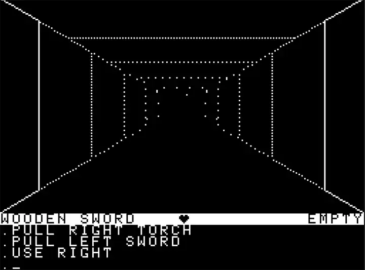 An empty, dotted-line-based rendering of corridor in Dungeons of Daggaroth