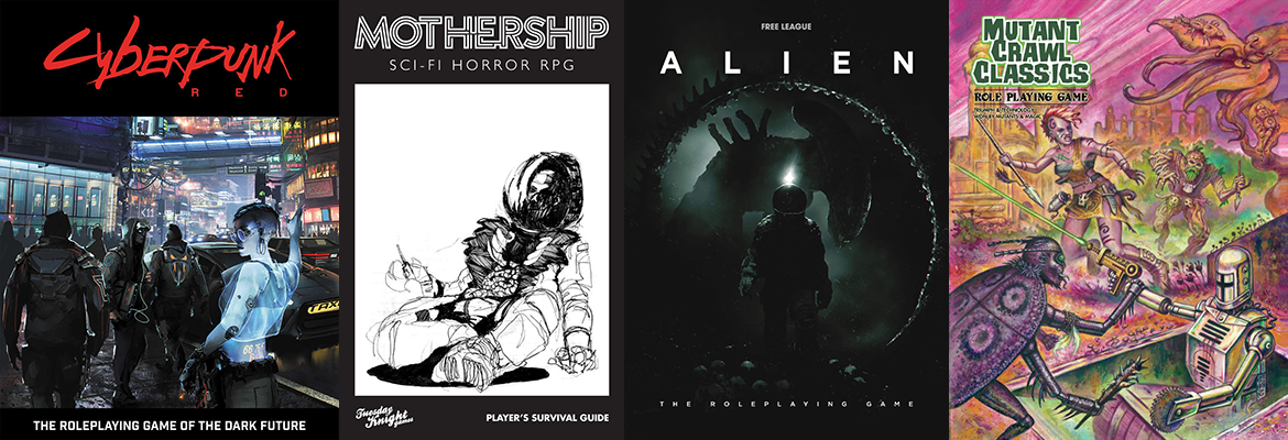 Cover art for Cyberpunk Red, Mothership, Alien, and Mutant Crawl Classics