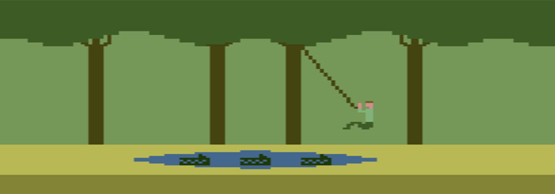Pitfall Harry - an 8-bit stick figure - swings across a blue pond filled with three green alligators. Brown tree trunks and a green canopy appear in the background.