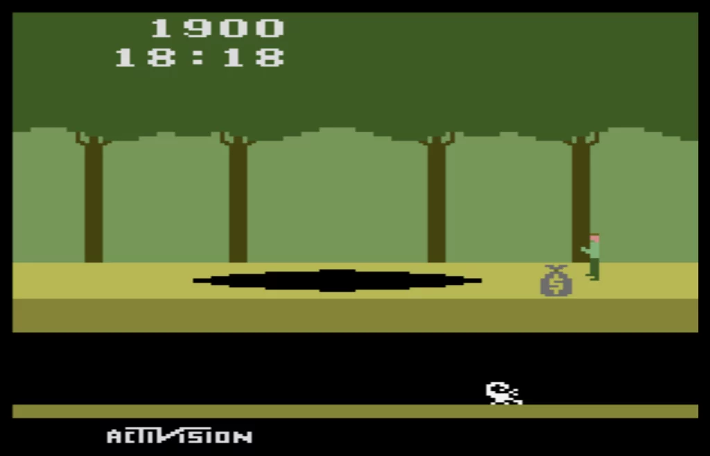 Pitfall Harry finds a money bag treasure in the jungle. An underground passage, with a scorpion, appears below. A black oval representing a disappearing tar pit - appears to the left.