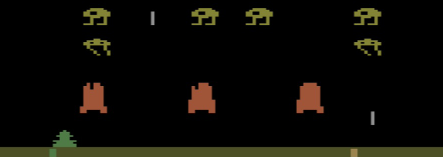 8-bit monster aliens appear against a black screen, descending toward orange shields. At the bottom of the screen is the player icon, shooting Space Invaders.