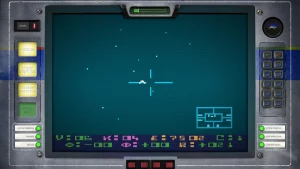 A first-person view out of starship cockpit. A dashboard tracking energy usage and kills appears at the bottom of the screen.