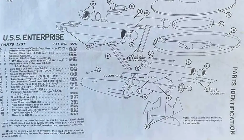 An exploded view of the parts of the for the Enterprise model rocket