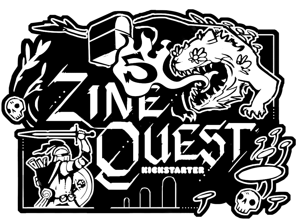 Zine Quest 5 logo, featuring a dragon facing off against a knight
