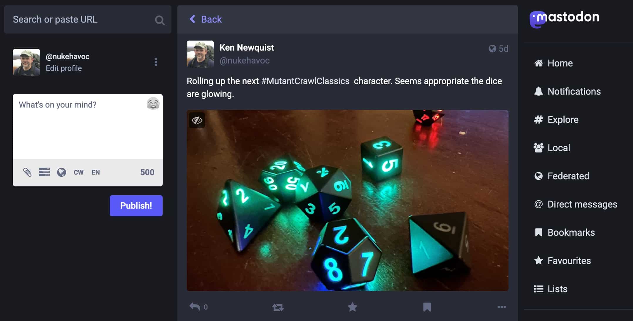 A screenshot of my Dice.camp profile, including a recent post about Mutant Crawl Classics.