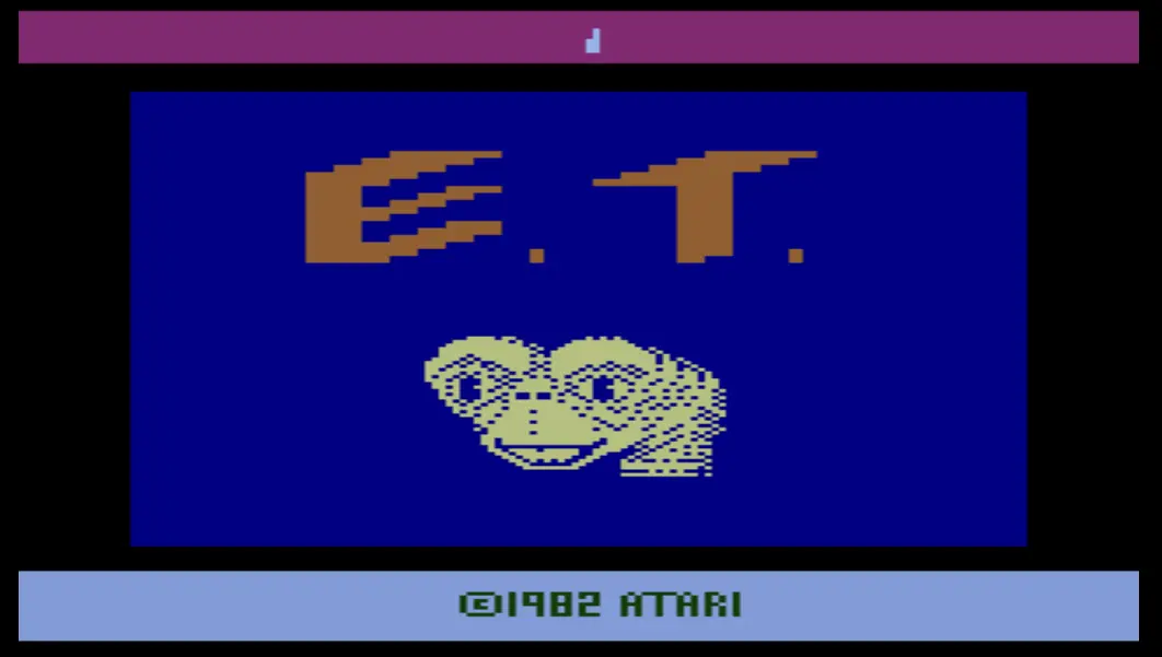 The title screen for the ET video game, with the text ET and a picture of the alien's head