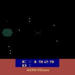 White stars on a black background. A green asteroid appears to the left; a display indicating energy and damage taken appears at the bottom. The bottom display is red to indicate an enemy is present in the destination sector.