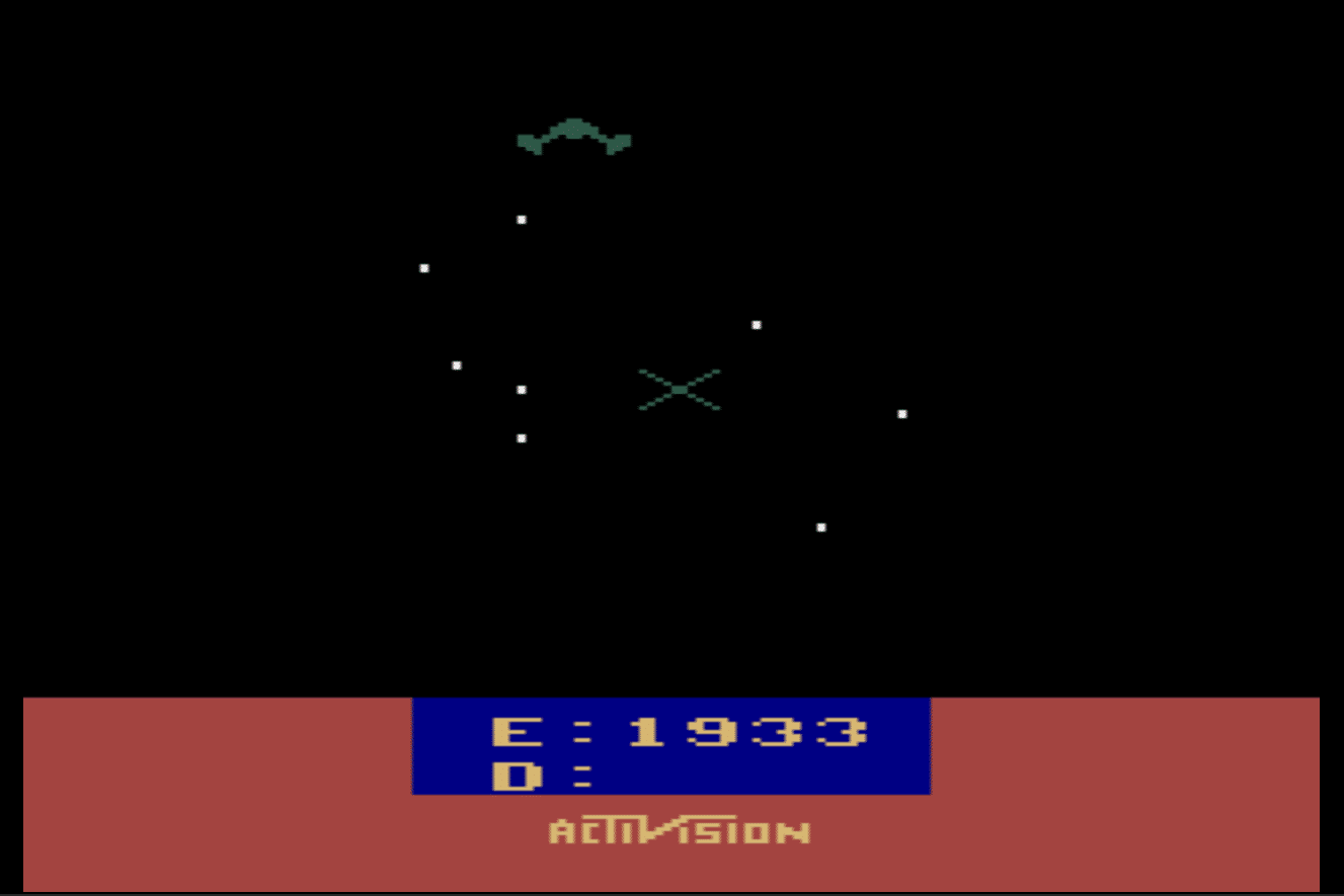 A dogfight with an enemy. White stars appear on a black background. A green enemy starfighter appears in the upper left.