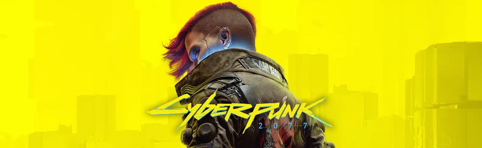 A cyberpunk character in a stylized leather jacket. The words Cyberpunk 2077 appear below the character