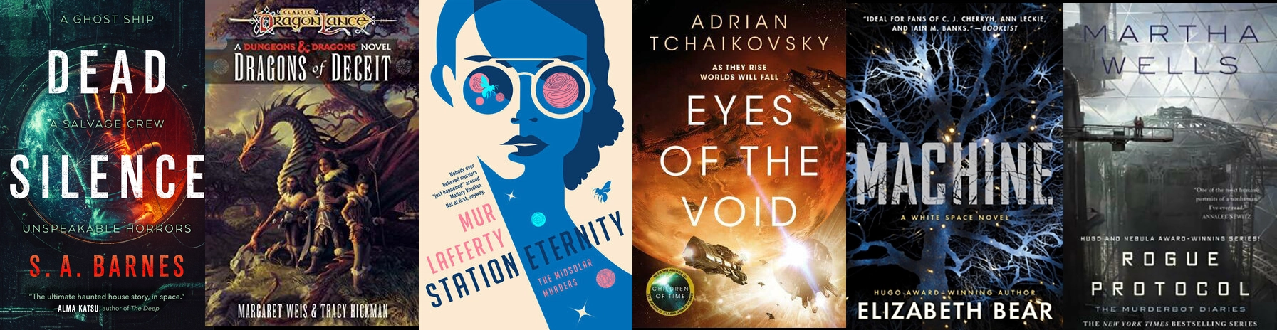 Cover artwork for the various books on Nuketown's Sci-Fi and Fantasy Summer Reading List for 2023, including Dead Silence, Dragons of Deceit, Station Eternity, Eyes of the Void, Machine, and Rogue Protocol