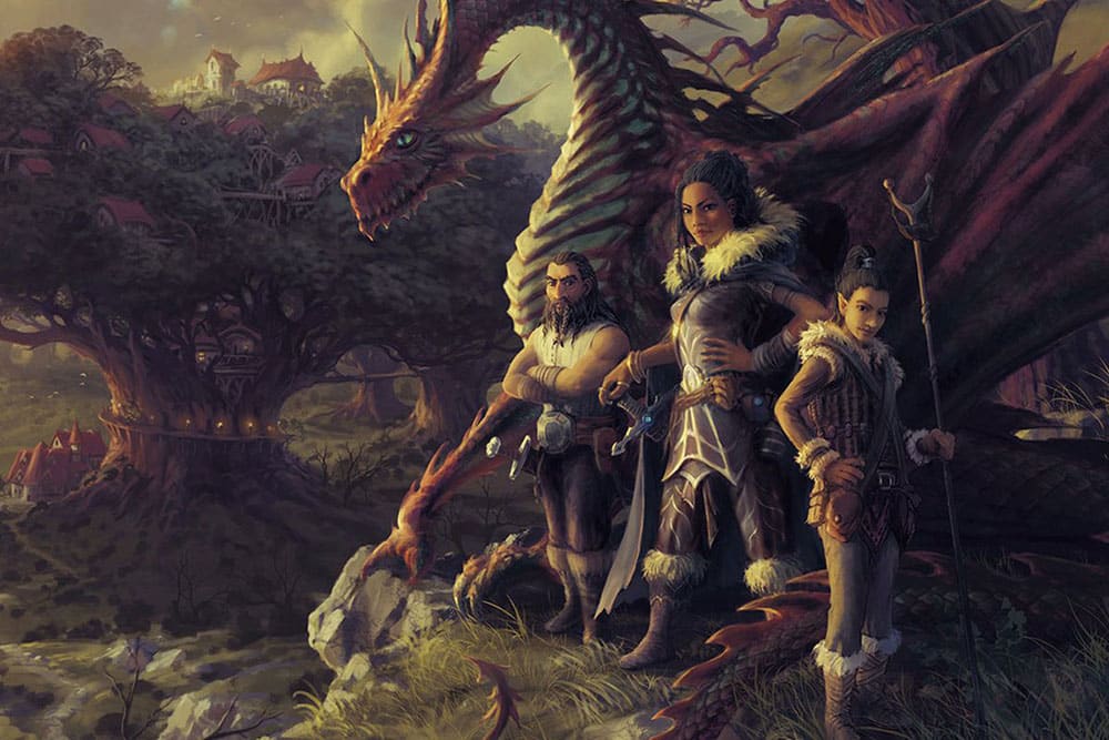A dragon, dwarf, human, and kender appear on the cover of the Dragons of Deceit novel