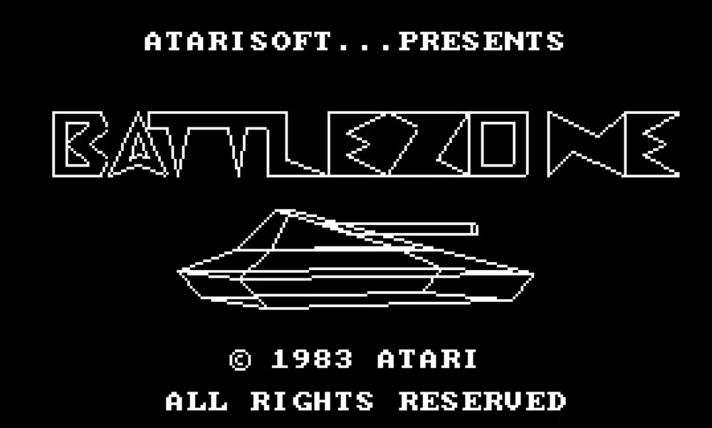 The title screen for Battlezone, depicting a line-drawn tank and the game's title.