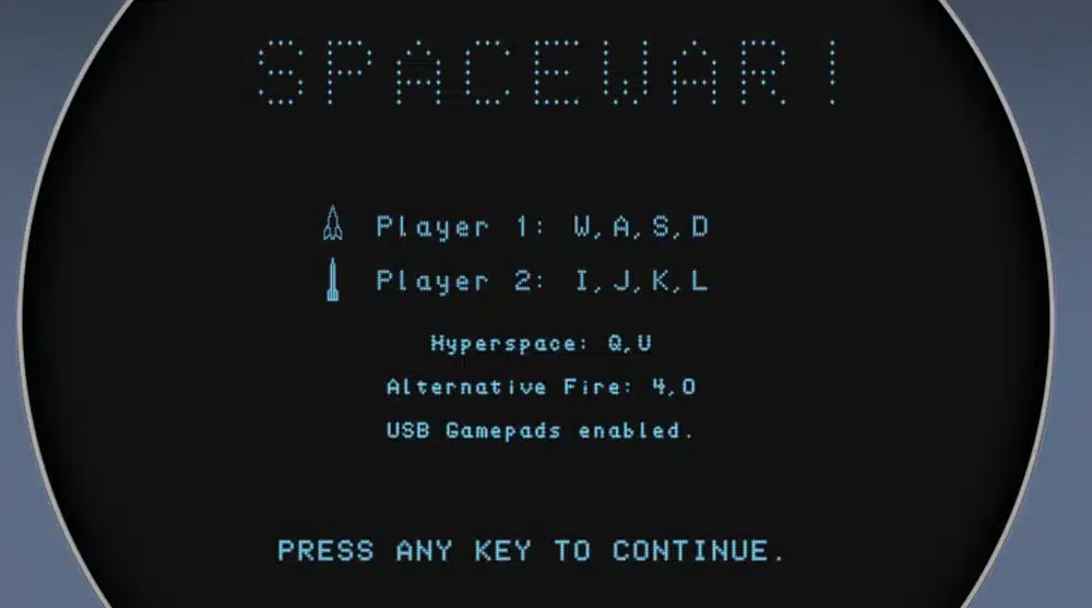 The title screen for Spacewar!, featuring the game's logo and instructions for playing the game.
