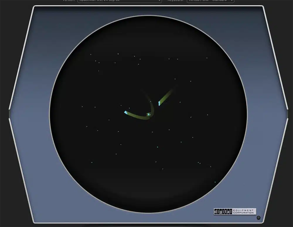 A view of combat in Spacewar!, featuring two glowing triangles blasting around a central light representing a star