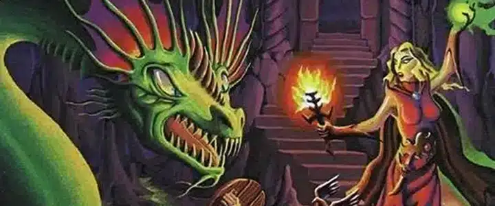 A magic-user battles a dragon-like creature.