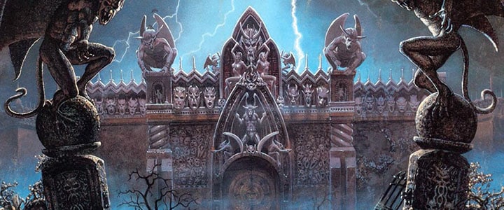 Gargoyles guard a lightning-illuminated entrance to a temple