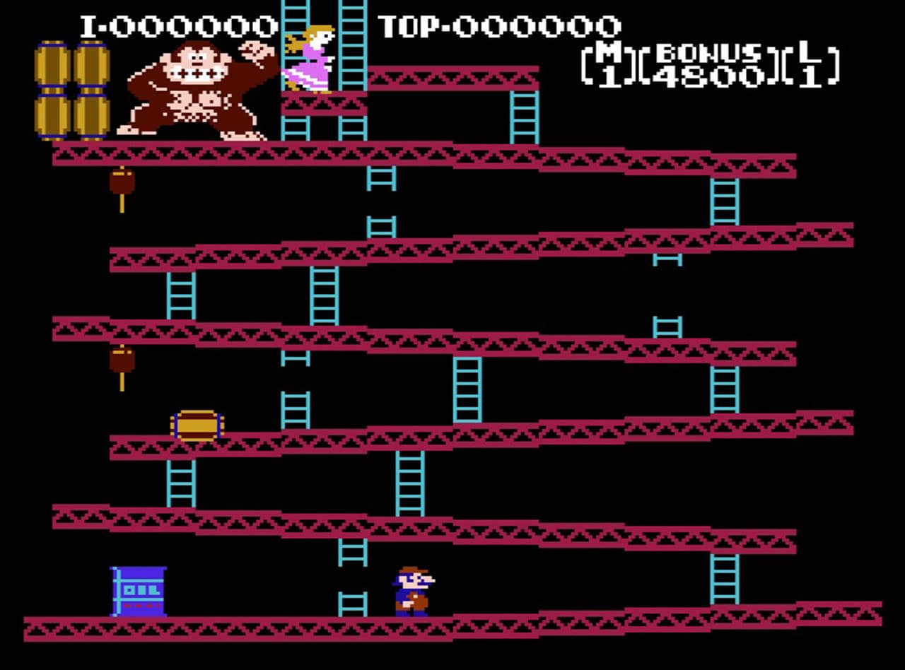 The first board of Donkey Kong, taken from the Nintendo NES version of the game.