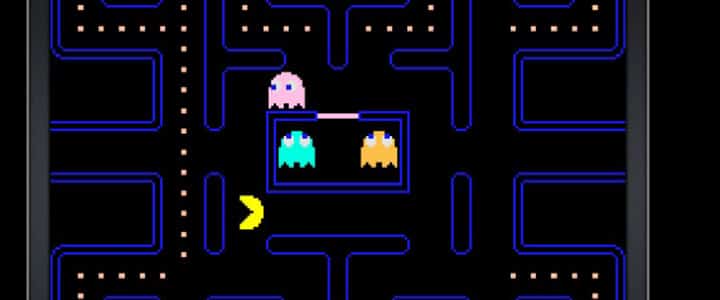 Pac-Man faces off against different colored ghosts in the arcade classic.