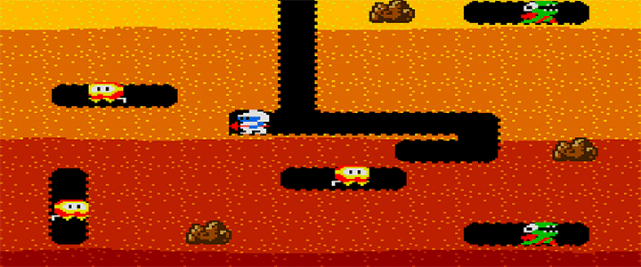 A screenshot from Dig Dug, featuring the main character (in white) digging through yellow, red, and orange layers of earth to find an exterminate monsters.