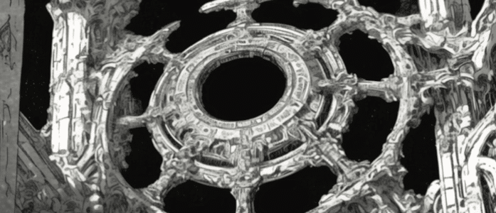 A weird wheel-like space artifact, with multiple spokes