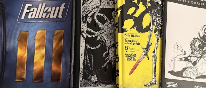 Cover art for the games Fallout, ShadowDark, Mork Borg, and Mothership